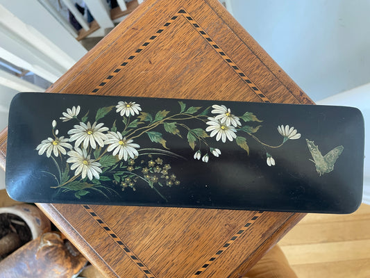 Antique Russian-Style Black Lacquer Box – Hand-Painted Daisies & Butterfly (c.20th Century)