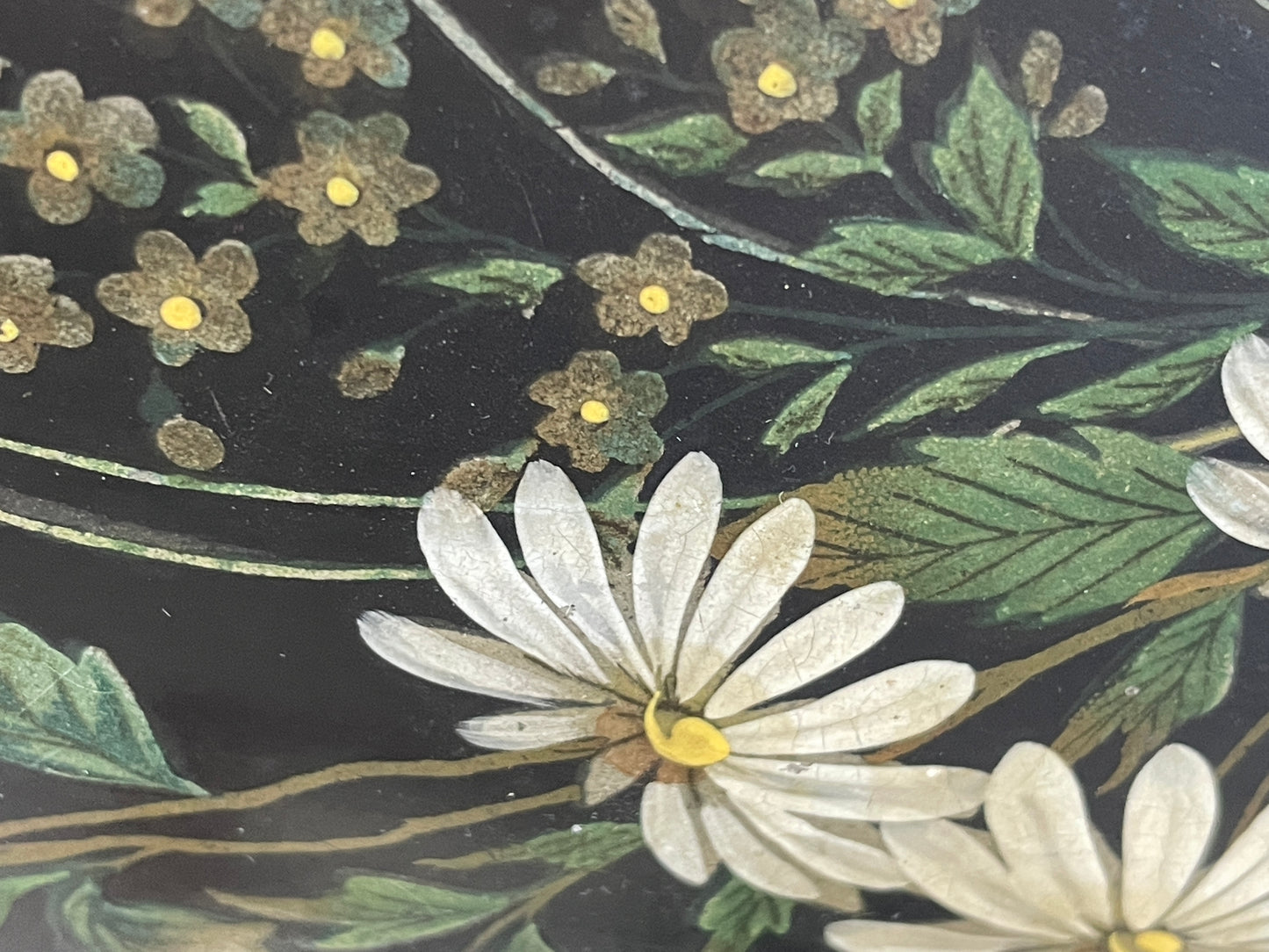 Antique Russian-Style Black Lacquer Box – Hand-Painted Daisies & Butterfly (c.20th Century)