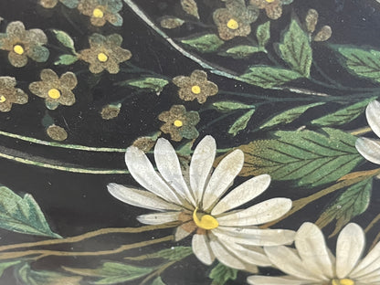 Antique Russian-Style Black Lacquer Box – Hand-Painted Daisies & Butterfly (c.20th Century)