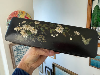 Antique Russian-Style Black Lacquer Box – Hand-Painted Daisies & Butterfly (c.20th Century)