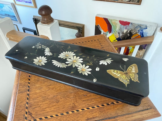 Antique Russian-Style Black Lacquer Box – Hand-Painted flowers and Butterfly (c.20th Century)