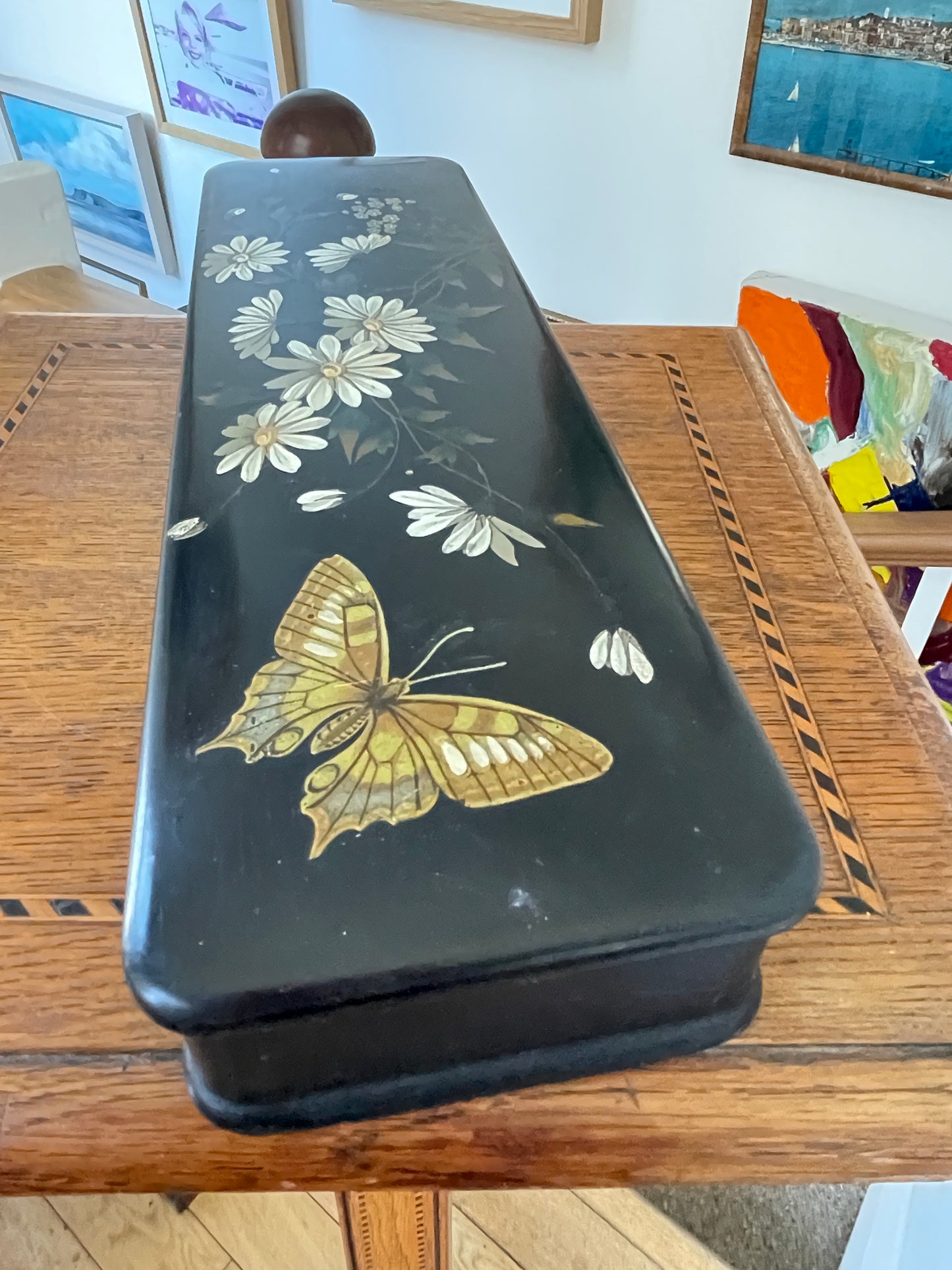 Antique Russian-Style Black Lacquer Box – Hand-Painted flowers and Butterfly (c.20th Century)