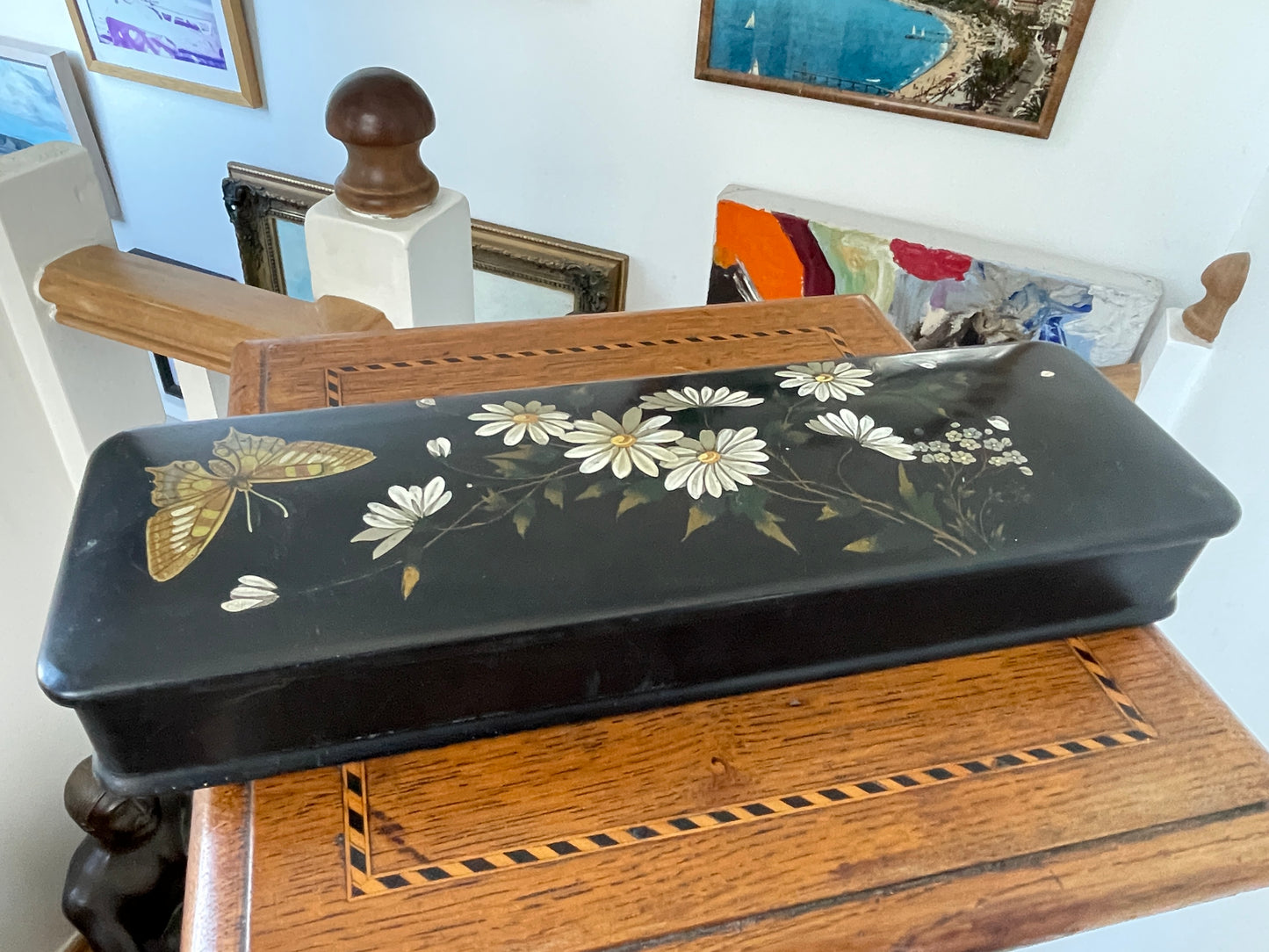 Antique Russian-Style Black Lacquer Box – Hand-Painted flowers and Butterfly (c.20th Century)