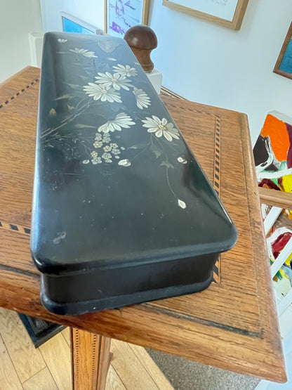 Antique Russian-Style Black Lacquer Box – Hand-Painted flowers and Butterfly (c.20th Century)