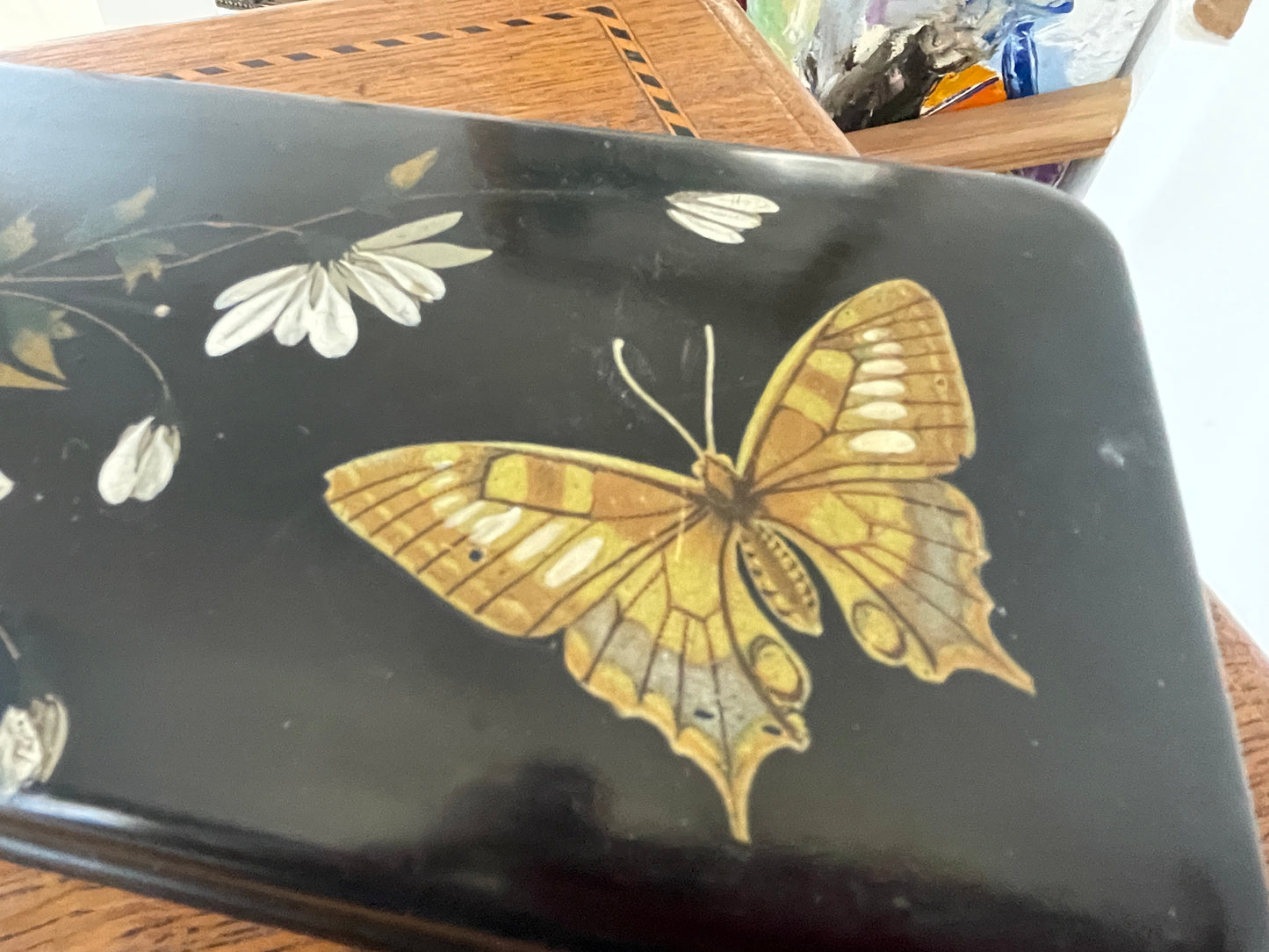 Antique Russian-Style Black Lacquer Box – Hand-Painted flowers and Butterfly (c.20th Century)