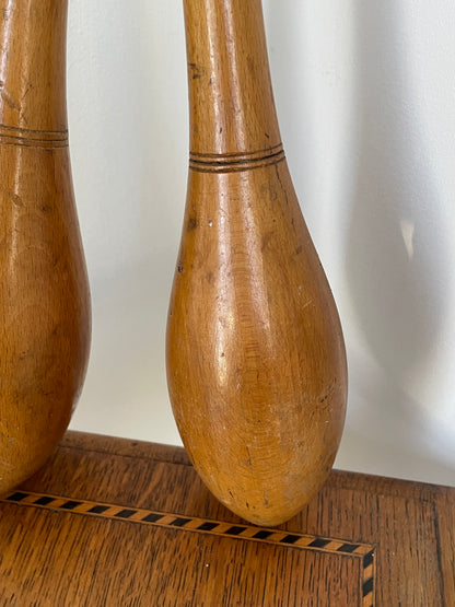 Antique Wooden Indian Clubs – Turned Exercise Pins with Warm Aged Patina (c.1900–1930)