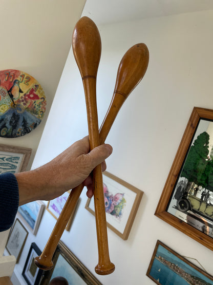 Antique Wooden Indian Clubs – Turned Exercise Pins with Warm Aged Patina (c.1900–1930)