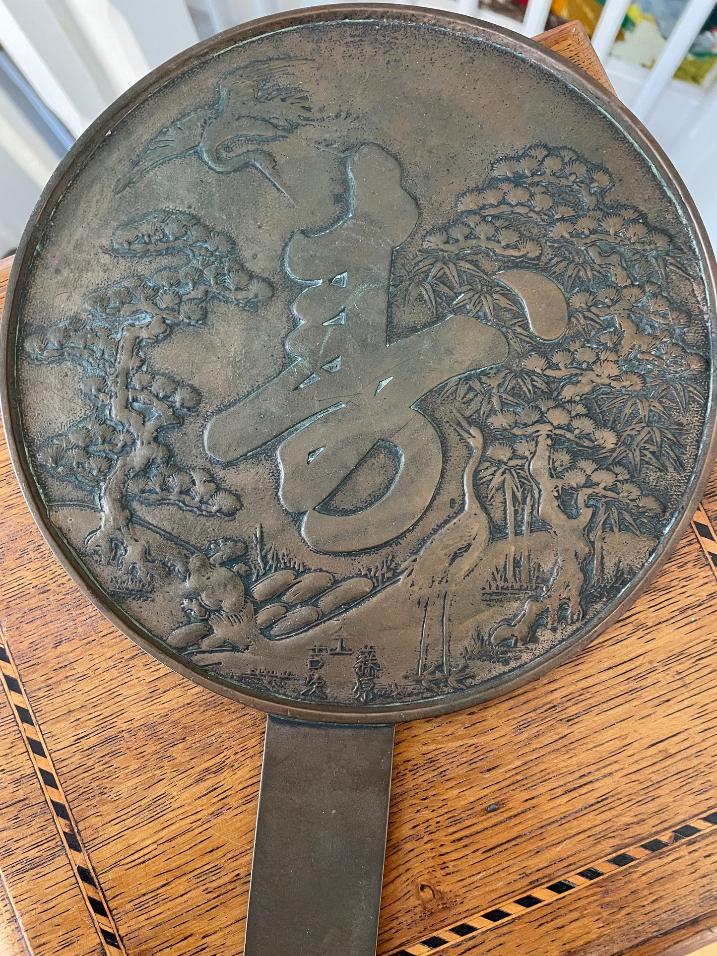 Antique Japanese Bronze Hand Mirror – Cranes, Pine & Kotobuki Longevity Design (c.1900)