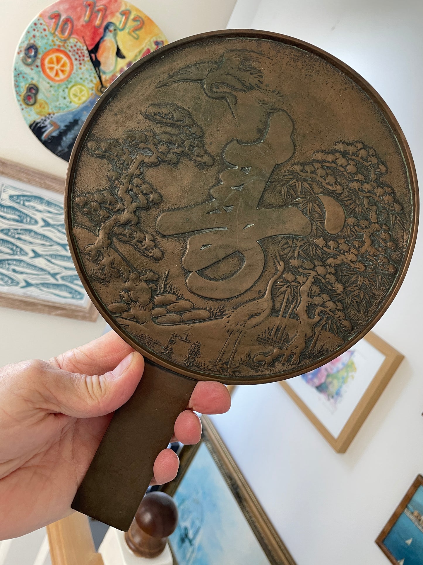 Antique Japanese Bronze Hand Mirror – Cranes, Pine & Kotobuki Longevity Design (c.1900)