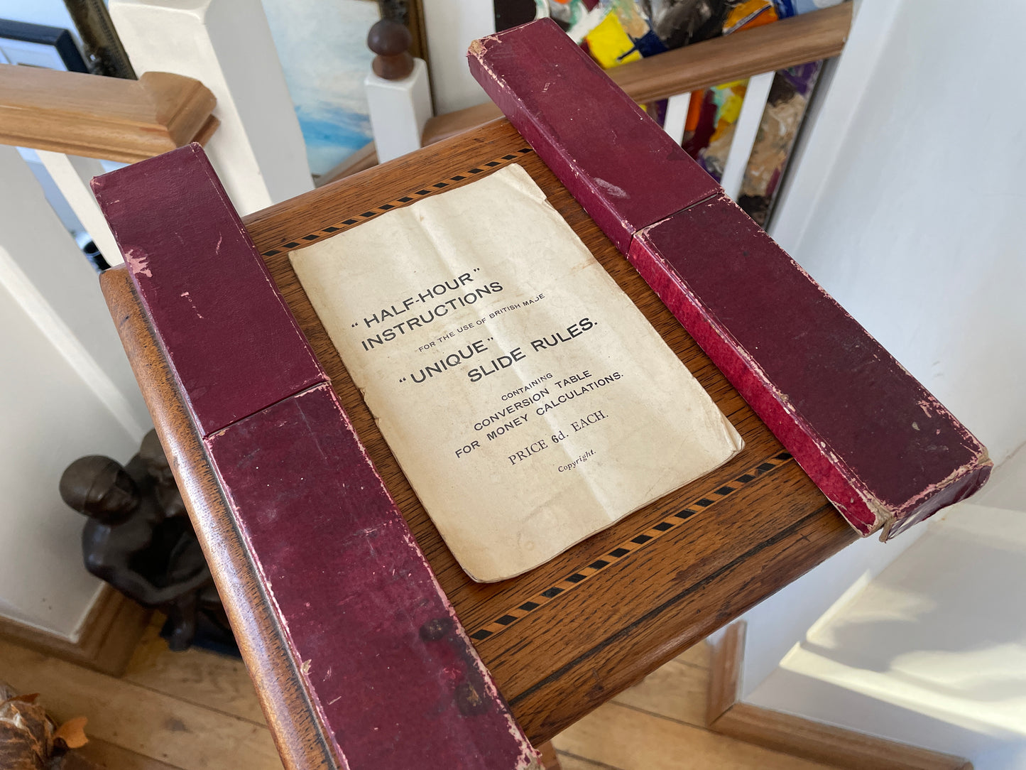 Antique English “Unique” Universal Slide Rules – Boxed Pair with Original Instructions (c.1930s–1950s)