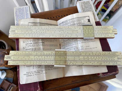 Antique English “Unique” Universal Slide Rules – Boxed Pair with Original Instructions (c.1930s–1950s)