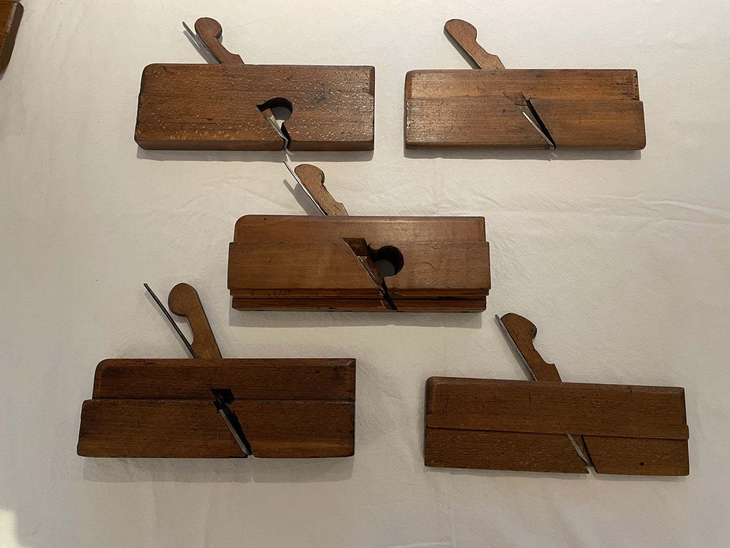 Antique British Beech Moulding Planes – Set of Five Named Late Victorian Woodworking Tools (c.1880–1920)