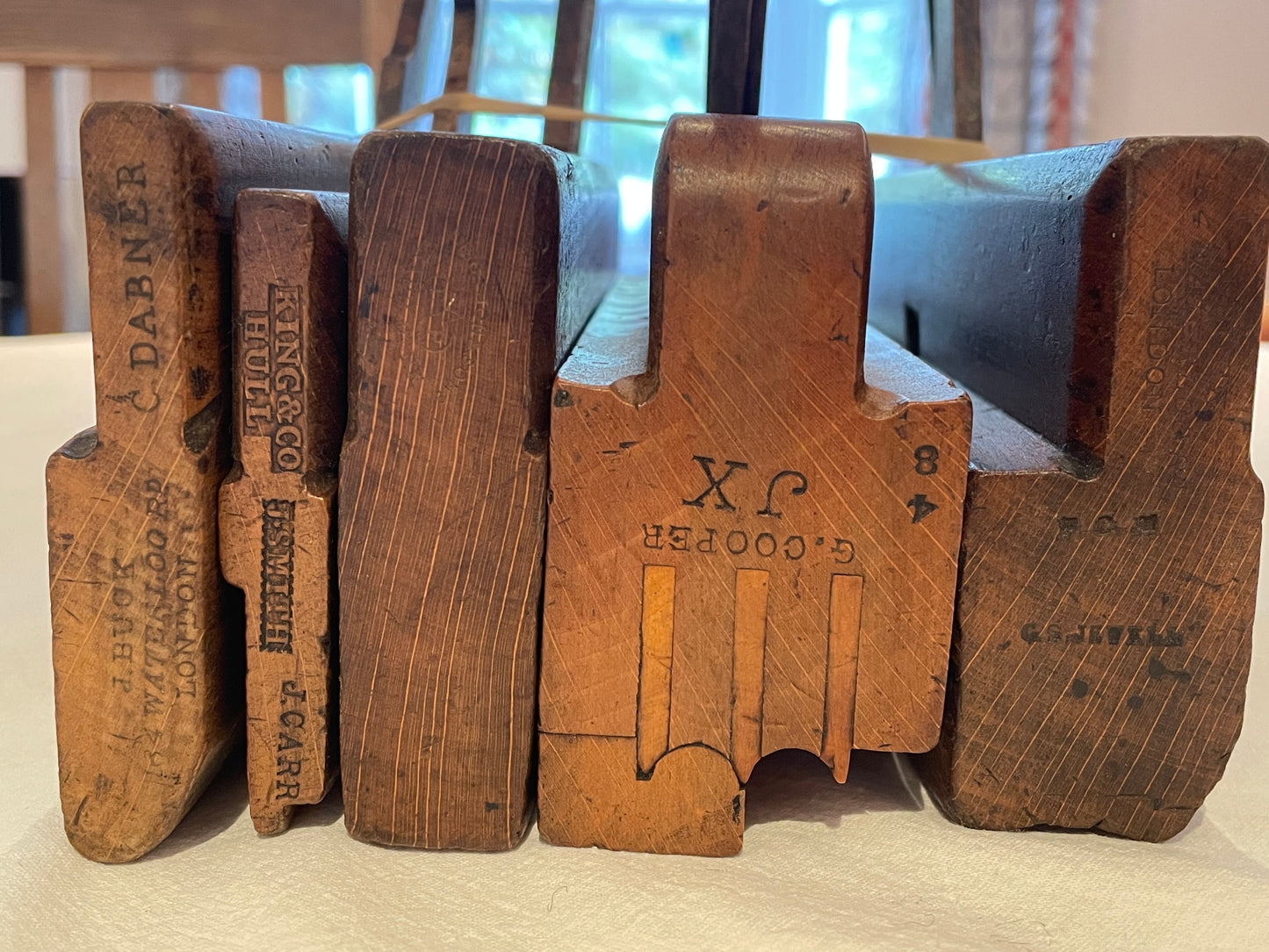 Antique British Beech Moulding Planes – Set of Five Named Late Victorian Woodworking Tools (c.1880–1920)