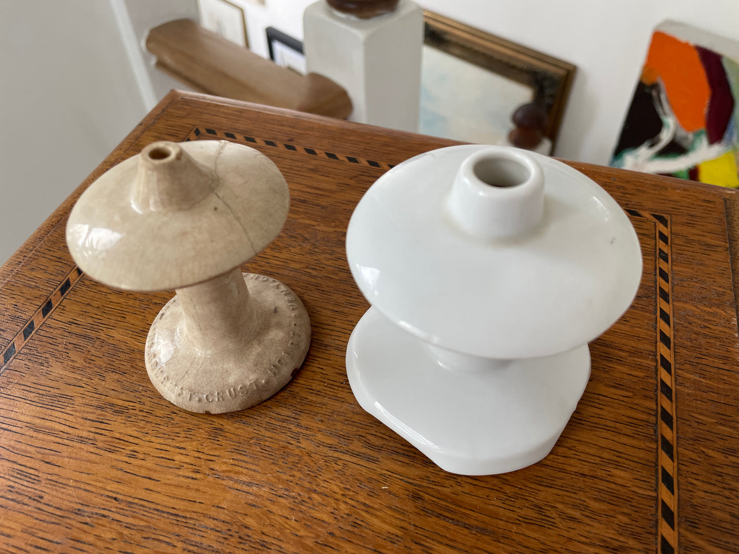 Antique English Ceramic Pie Vents – Challis Patent Gourmet Crust Holder and Vent (c.1895–1910) and Later 20th-Century White Pie Funnel