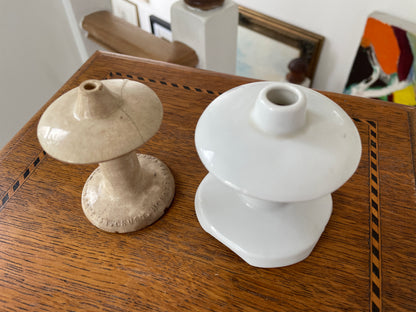 Antique English Ceramic Pie Vents – Challis Patent Gourmet Crust Holder and Vent (c.1895–1910) and Later 20th-Century White Pie Funnel