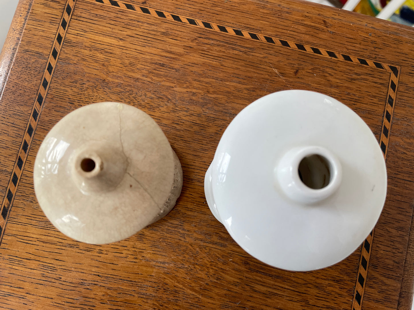 Antique English Ceramic Pie Vents – Challis Patent Gourmet Crust Holder and Vent (c.1895–1910) and Later 20th-Century White Pie Funnel
