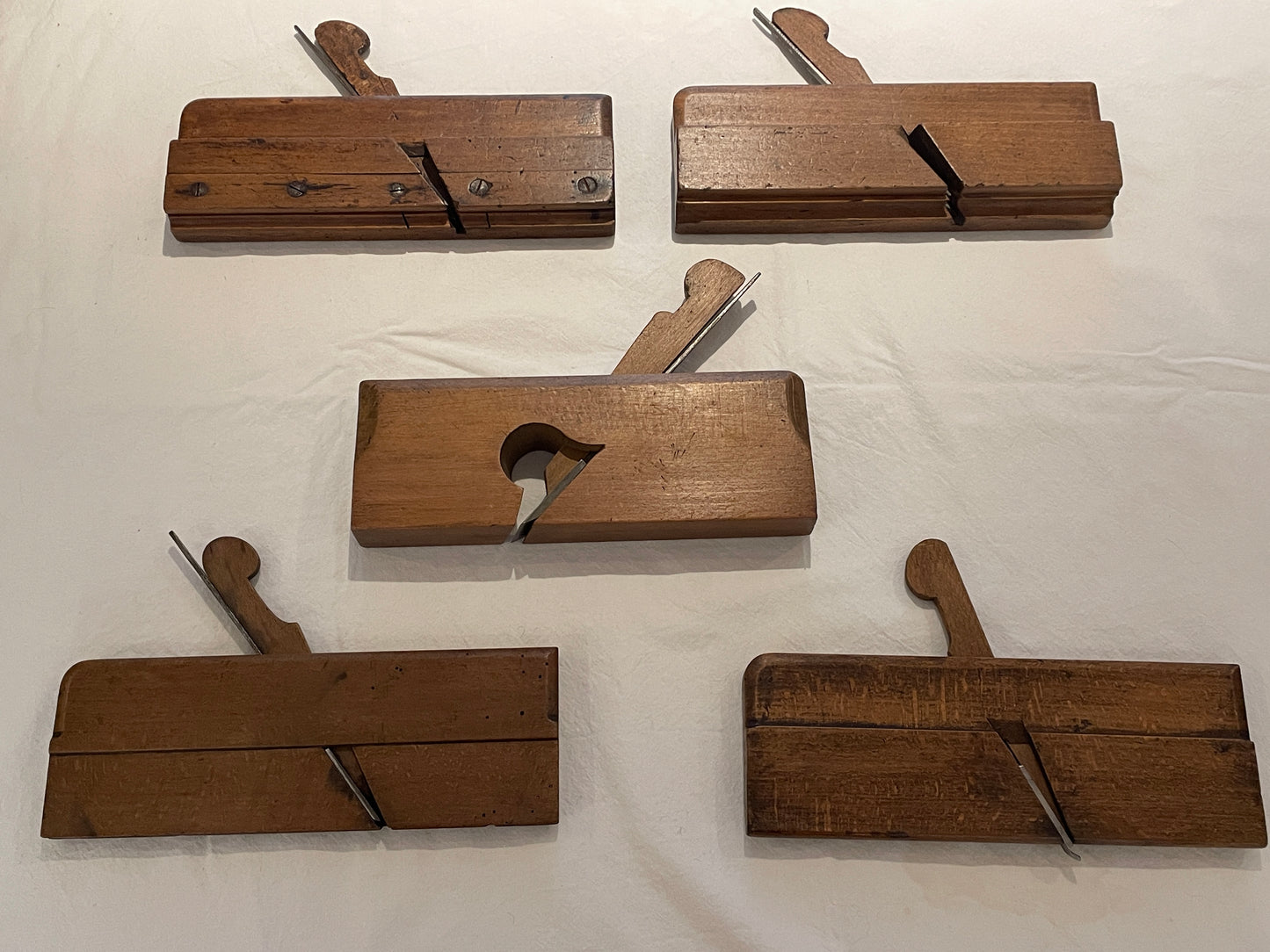 Antique British Wooden Moulding Planes – Set of Five Mixed Makers & Profiles (19th–Early 20th Century) 2