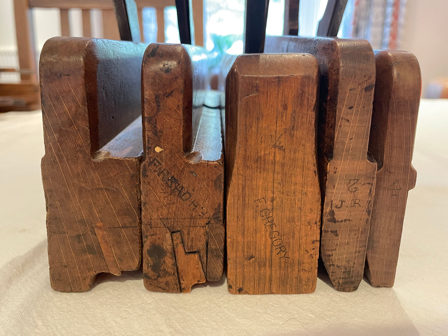 Antique British Wooden Moulding Planes – Set of Five Mixed Makers & Profiles (19th–Early 20th Century) 2