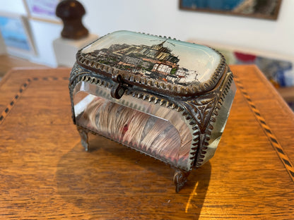 Antique French Glass Casket – Brass-Mounted Faceted Jewellery Box with Mont St Michel Souvenir Lid (c.1900)