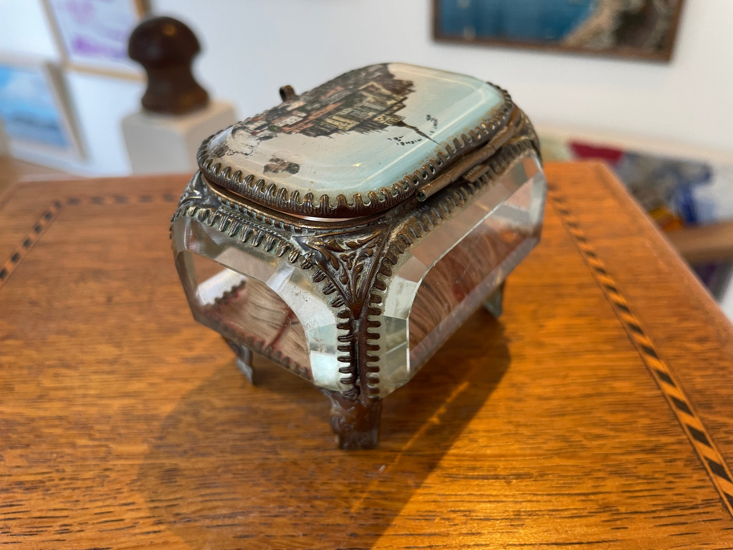 Antique French Glass Casket – Brass-Mounted Faceted Jewellery Box with Mont St Michel Souvenir Lid (c.1900)