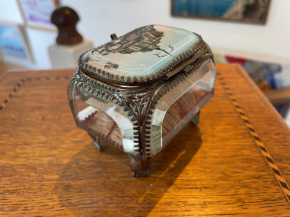 Antique French Glass Casket – Brass-Mounted Faceted Jewellery Box with Mont St Michel Souvenir Lid (c.1900)