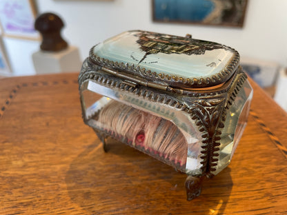 Antique French Glass Casket – Brass-Mounted Faceted Jewellery Box with Mont St Michel Souvenir Lid (c.1900)