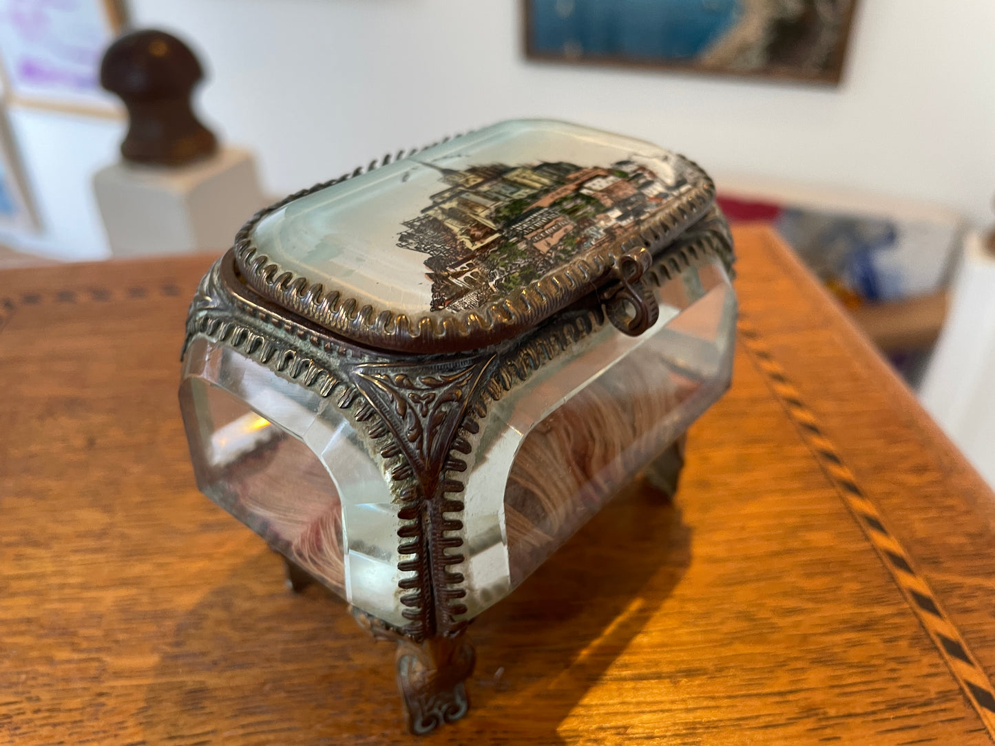 Antique French Glass Casket – Brass-Mounted Faceted Jewellery Box with Mont St Michel Souvenir Lid (c.1900)