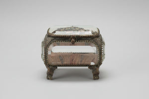 Antique French Glass Casket – Brass-Mounted Faceted Jewellery Box with Mont St Michel Souvenir Lid (c.1900)