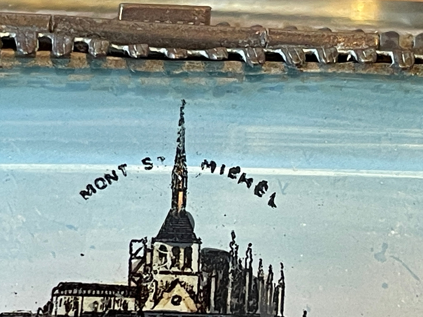 Antique French Glass Casket – Brass-Mounted Faceted Jewellery Box with Mont St Michel Souvenir Lid (c.1900)