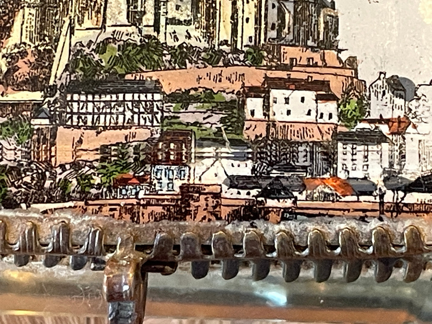 Antique French Glass Casket – Brass-Mounted Faceted Jewellery Box with Mont St Michel Souvenir Lid (c.1900)