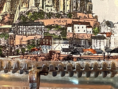 Antique French Glass Casket – Brass-Mounted Faceted Jewellery Box with Mont St Michel Souvenir Lid (c.1900)