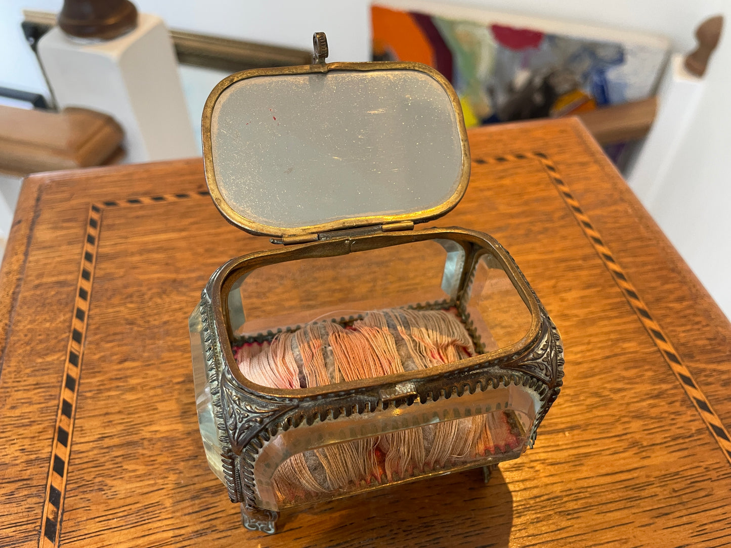 Antique French Glass Casket – Brass-Mounted Faceted Jewellery Box with Mont St Michel Souvenir Lid (c.1900)