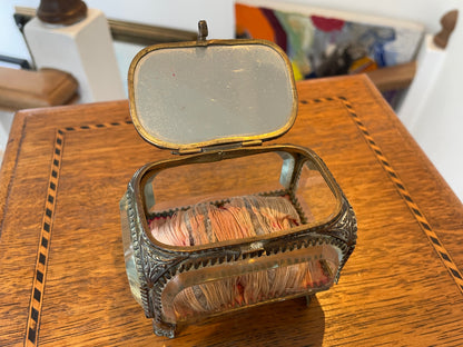 Antique French Glass Casket – Brass-Mounted Faceted Jewellery Box with Mont St Michel Souvenir Lid (c.1900)
