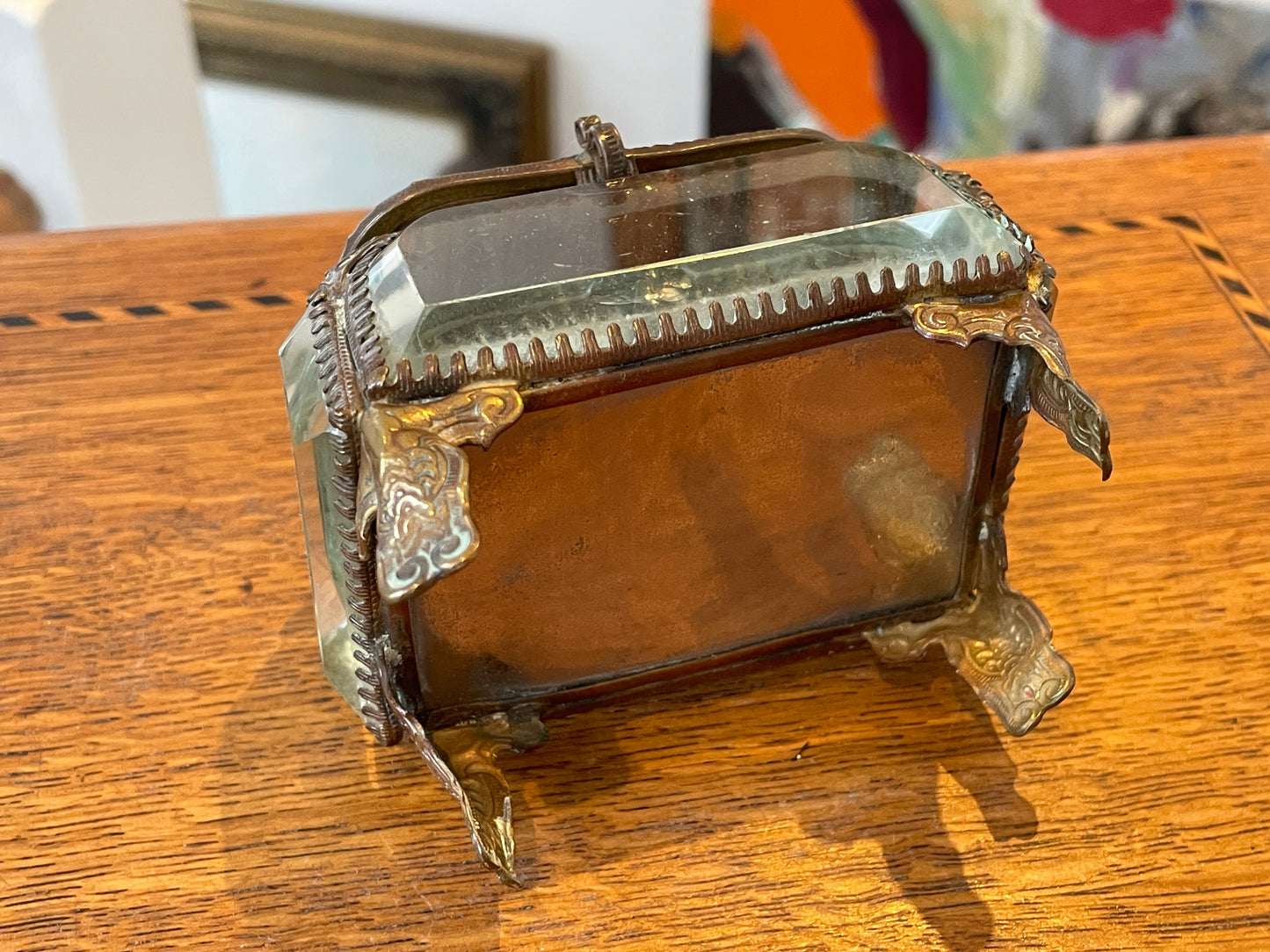 Antique French Glass Casket – Brass-Mounted Faceted Jewellery Box with Mont St Michel Souvenir Lid (c.1900)
