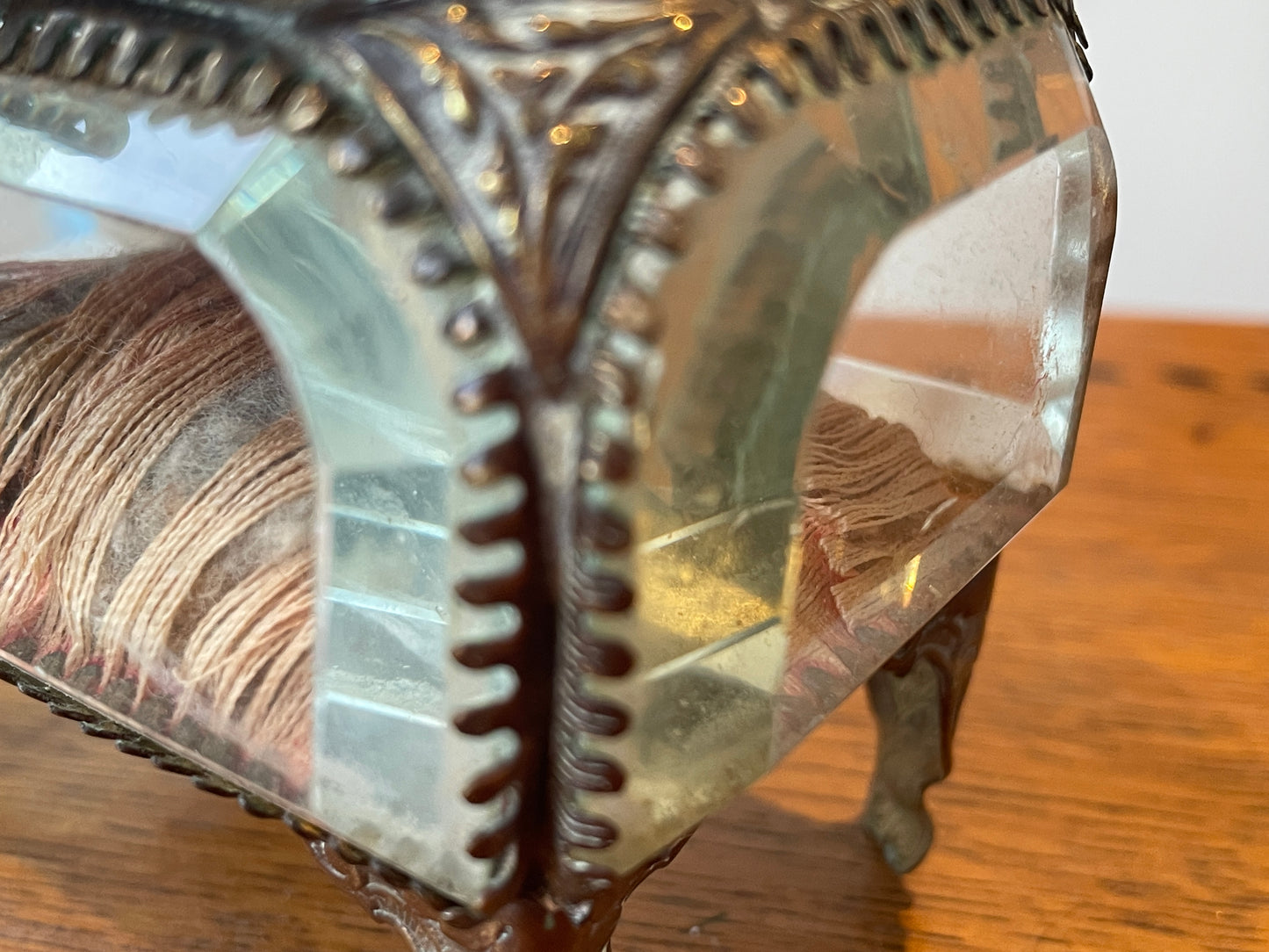 Antique French Glass Casket – Brass-Mounted Faceted Jewellery Box with Mont St Michel Souvenir Lid (c.1900)