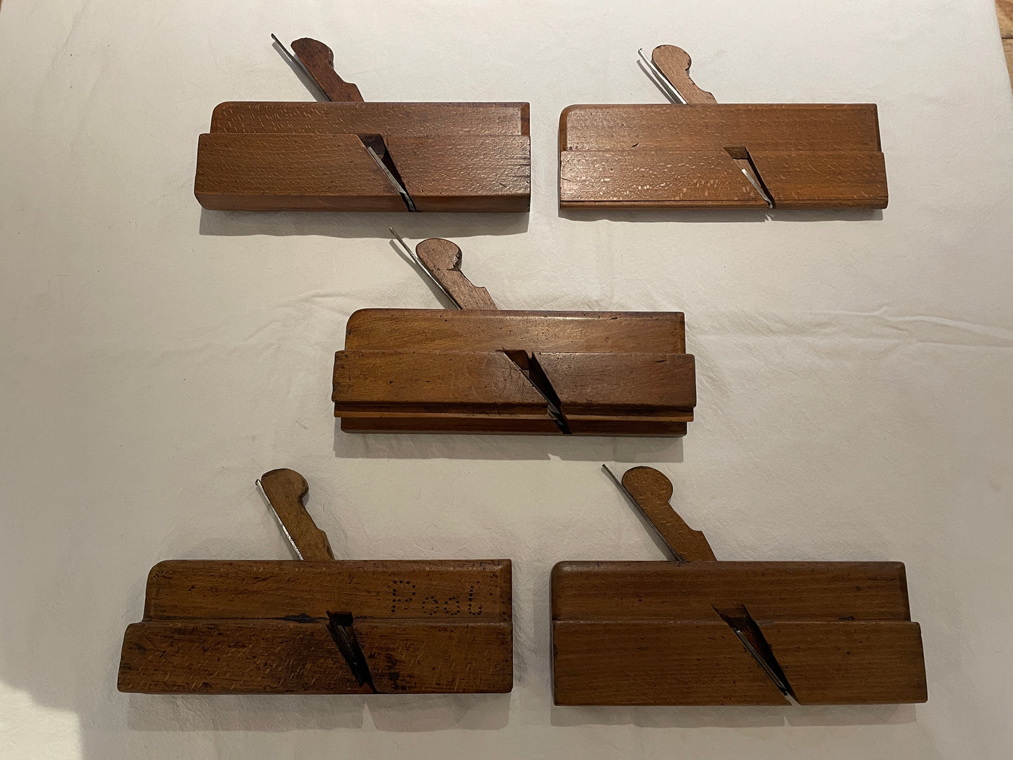 Antique British Beech Moulding Planes – Set of 5 Mixed Profiles with Maker’s Marks (c.1890–1920)4
