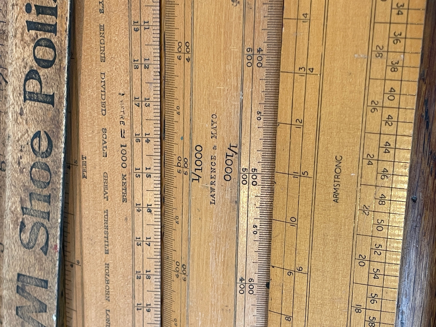 Antique British Drafting and Engineering Rules – Engine Divided Scales, Advertising Rulers and Mahogany Case Collection (c.1910–1950)