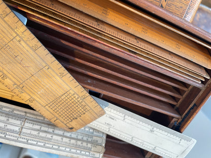 Antique British Drafting and Engineering Rules – Engine Divided Scales, Advertising Rulers and Mahogany Case Collection (c.1910–1950)