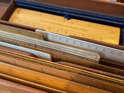 Antique British Drafting and Engineering Rules – Engine Divided Scales, Advertising Rulers and Mahogany Case Collection (c.1910–1950)