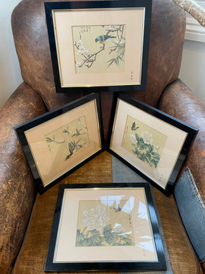 Vintage Japanese Silk Paintings – Set of Four Framed Bird-and-Flower Compositions (c.1970s–1980s)