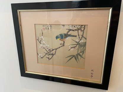 Vintage Japanese Silk Paintings – Set of Four Framed Bird-and-Flower Compositions (c.1970s–1980s)