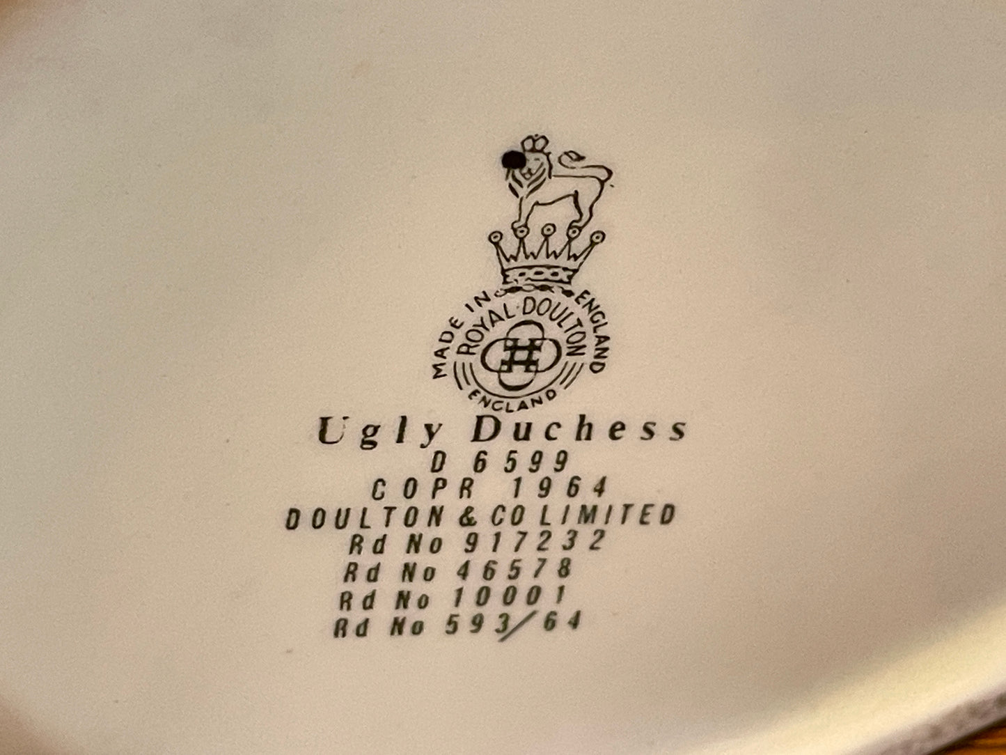 Antique English Royal Doulton Character Jug – ‘Ugly Duchess’ D6599 with Flamingo Handle (c.1964 First-Issue)