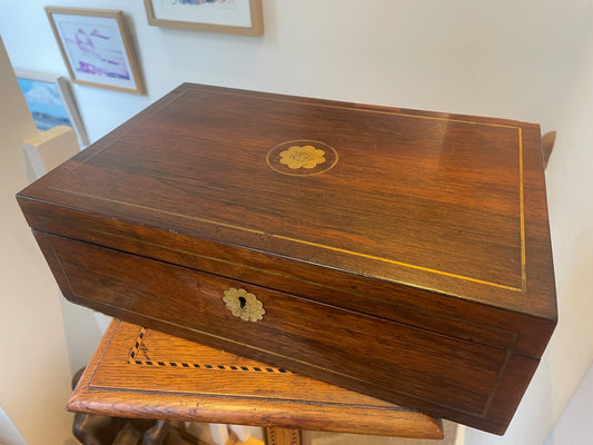 Antique Victorian Rosewood Writing Slope – Brass Inlaid Monogram ‘EJ’ and Fitted Interior (c. late 19th Century)