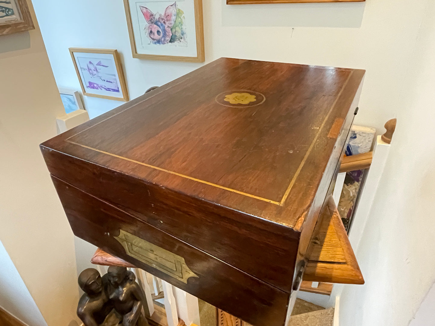 Antique Victorian Rosewood Writing Slope – Brass Inlaid Monogram ‘EJ’ and Fitted Interior (c. late 19th Century)