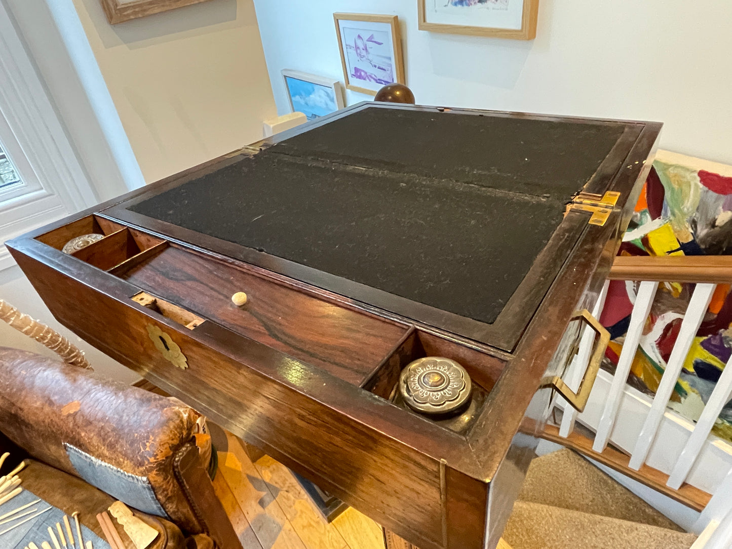Antique Victorian Rosewood Writing Slope – Brass Inlaid Monogram ‘EJ’ and Fitted Interior (c. late 19th Century)