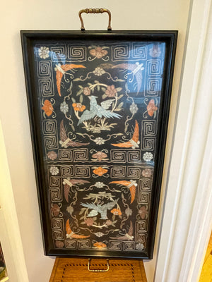 Antique Asian Lacquer Serving Tray – Embroidered Silk Bird & Floral Panels Under Glass (c.20th Century)