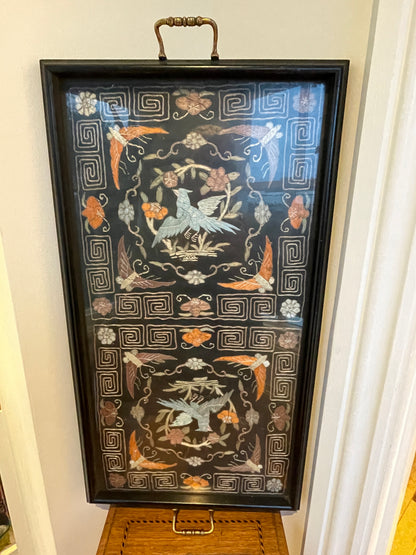 Antique Asian Lacquer Serving Tray – Embroidered Silk Bird & Floral Panels Under Glass (c.20th Century)
