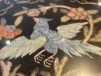 Antique Asian Lacquer Serving Tray – Embroidered Silk Bird & Floral Panels Under Glass (c.20th Century)