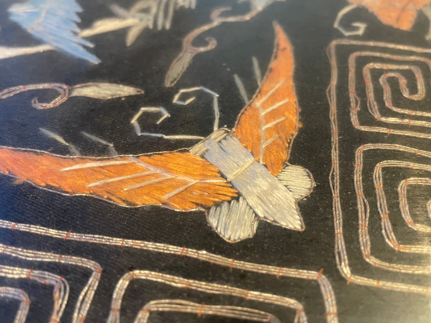 Antique Asian Lacquer Serving Tray – Embroidered Silk Bird & Floral Panels Under Glass (c.20th Century)