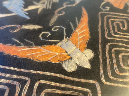 Antique Asian Lacquer Serving Tray – Embroidered Silk Bird & Floral Panels Under Glass (c.20th Century)